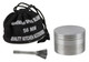 RAW Metal 4pc Grinder w/ Screen - 2 inches, with a black carrying bag, a cleaning brush, and a metallic grinder lid.