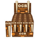OCB Rolling Papers OCB Unbleached Virgin Cones 1 1/4 6PK Box, display of unbleached rolling cones in a wooden box with individual packs stacked inside.