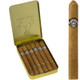 Montecristo Memories Cigars 5/6 Tins 4.00X33, open tin containing six cigars with a gold exterior and detailed logo, along with a single cigar with a similar logo band Montecristo Memories Cigars 5/6 Tins 4.00X33, open tin containing six cigars with a gold exterior and detailed logo, along with a single cigar with a similar logo band