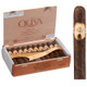 Oliva Serie O Maduro Cigars Double Robusto 20 Ct. Box 5.00X54, open wooden box displaying packaged cigars and a single cigar standing upright, featuring a dark brown wrapper and gold foil band.