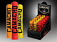 Camacho Robusto Cigar Tubo 15 Ct. Display, image showing colorful cylindrical cigar tubes in orange, red, and yellow with 'Camacho' branding, arranged in a black display box.