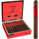 Camacho Corojo Natural Cigar Churchill 20 Ct. Box, an open wooden box displaying 20 cigars with red and black bands, and one cigar shown outside the box.