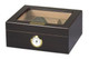 Quality Importers Humidors Capri Glass Top Cigar Humidor, a black wooden humidor with a glass lid and a hygrometer on the front for optimal cigar storage.