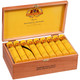 Product Baccarat Cigars Rothschild Natural Tubo 25 Ct. Box 5.00X50, yellow Tubo cigars inside a wooden box with a yellow interior and colorful branding.