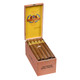 Baccarat Cigars King Natural 25 Ct. Box 8.50X52, inside view of a wooden cigar box containing five cigars with a yellow interior and decorative branding.