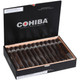 Cohiba Cigars Black Churchill 25 Ct. Box, open black cigar box displaying 25 dark brown cigars with Cohiba bands.