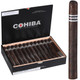 Cohiba Cigars Black Churchill 25 Ct. Box, open black box with cigars inside and one cigar outside on green background.