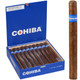 Cohiba Cigars Blue Churchill 20 Ct. Box 7.50X50, image of a box of 20 cigars with a single cigar shown outside the box, featuring blue bands and brown wrappers.