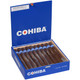 Cohiba Cigars Blue Churchill 20 Ct. Box 7.50X50, open blue box displaying 20 cigars with blue and white bands, featuring a warning label on the inside lid.