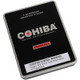 Cohiba Cigars Black Pequenos 5/6 Tins 4.13X34, a black metal tin package with white and red text, containing imported handmade cigars from Santiago, Dominican Republic. Cohiba Cigars Black Pequenos 5/6 Tins 4.13X34, a black metal tin package with white and red text, containing imported handmade cigars from Santiago, Dominican Republic.