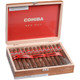 Cohiba Cigars Red Dot Churchill 25 Ct. Box, wooden cigar box containing 25 cigars with red and black bands, and a red ribbon with 'Cohiba' branding inside the lid.