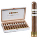 Cohiba Cigars Connecticut Robusto Tubo 10 Ct. Box 5.00x50, image showing a wooden box of ten individually wrapped cigars and a single cigar outside the box
