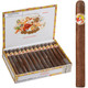 La Gloria Cubana Cigars Churchill Natural 25 Ct. Box 7.00X50, a box of premium cigars with a detailed illustration of a woman and children on the lid, and a close-up of a single cigar with a La Gloria Cubana band.