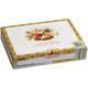 La Gloria Cubana Cigars Churchill Maduro 25 Ct. Box 7.00X50, elegant white cigar box with intricate yellow and red border design, featuring historic artwork and a seal, indicating premium imported cigars.