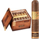 E.P Carrillo Cigars Inch Natural Cigars No.62 24 Ct. Box, open wooden cigar box with multiple cigars inside and a single cigar standing upright outside the box.