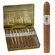 Undercrown Cigars Connecticut Shade Coronets 5/10 Tins 4.00X32, image of a gold tin box open to reveal multiple cigars wrapped in plastic, with a single cigar displayed outside the tin, featuring a white and black band with a lion logo.