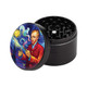 Sharp Shred Grinder Sharp Shred 2.0 Four Piece, black herb grinder with artistic illustrated lid featuring a man smoking and swirling colors.