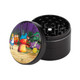 Sharp Shred Grinder Sharp Shred 2.0 Four Piece, a black herb grinder with a colorful, cartoon-style illustrated top featuring whimsical characters in a forest scene.