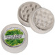 Santa Cruz Shredder Hemp Two Piece Grinder 24 Ct. Display, biodegradable hemp grinder with pea-sized teeth for efficient grinding, featuring a round shape and a green and white label with leaves design.
