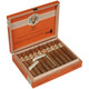 AVO Cigars XO Notturno Corona 20 Ct. Box, open wooden cigar box containing twenty cigars with orange and white branding, inside lid with logo and descriptive text.