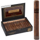 Drew Estate Java Cigars By Drew State Maduro Robusto 24 Ct. Box, an open black box displaying row of cigars with a single cigar shown upright beside the box.