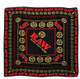 RAW Scarf Black, a stylish black scarf with red and gold branding and circular logo patterns. RAW Scarf Black, a stylish black scarf with red and gold branding and circular logo patterns.