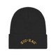 Zig Zag Beanie Cap, black knitted beanie with yellow embroidered 'ZIG-ZAG' logo.