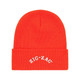 Zig Zag Beanie Cap, bright orange knitted winter hat with white embroidered Zig Zag logo on the fold