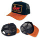 RAW Brazil Trucker Cap Blue and Brown, front view showing embroidered logo and curved brim, top view displaying adjustable snapback strap and mesh back panels.