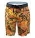 RAW Life Brazil Board Shorts, colorful beach shorts featuring a collage of magazine covers and advertisements in yellow, red, and black.
