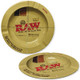 RAW Metal Ashtray, round ashtray made from recycled cigarette pack material with a natural metal finish and red RAW logo in the center.