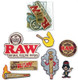 RAW Patches Mixed Bag of 7 Designs, assortment of patches including RAW logo, smoking joint, vintage sticker, and cartoon characters.