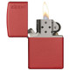 Zippo Matte W/ Zippo Logo, close-up of a red matte Zippo lighter with the lid open and flame ignited.