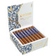 Alec Bradley Alec & Bradley Kintsugi Robusto Cigars 24Ct. box, with 12 cigars wrapped in blue and gold bands, inside a decorative patterned box.
