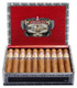 Alec Bradley American Classic Blend Robusto Cigars 24Ct. Box, opened cigar box showcasing neatly arranged cigars with detailed labels inside a decorative red and black packaging.