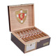 AJ Fernandez Ave Maria Lionheart Bishop Cigars 24Ct. Box, open wooden cigar box with 24 cigars inside and a crest emblem on the inside of the lid