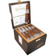 Scandinavian Tobacco Balmoral Anejo XO Rothschild Masivo Cigars 20Count box, open showcasing cigars and a wooden storage with signing and specifications inside.