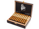 Caldwell Eastern Standard Dos Firmas Signature Cigars 20 Cigars Box, opened wooden box showcasing 20 cigars with gold and cream bands, black artwork with man's profile and signatures inside the lid.