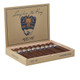 Caldwell Long Live the King Mad MF Super Toro Cigars 10Ct. Box, a box of ten brown cigars with silver and blue bands inside a beige box with a creative interior design featuring a crowned face illustration and the brand name.