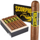 Camacho Scorpion Sun Grown Robusto Cigars 10Ct. Box, featuring a black box with yellow lettering and an illustration of a scorpion, alongside a single cigar with a black and yellow band. Camacho Scorpion Sun Grown Robusto Cigars 10Ct. Box, featuring a black box with yellow lettering and an illustration of a scorpion, alongside a single cigar with a black and yellow band.