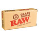 RAW Classic Pack Glass Ashtray, 6x3 inches, in a cardboard packaging box indicating authentic deep ash cavity design. RAW Classic Pack Glass Ashtray, 6x3 inches, in a cardboard packaging box indicating authentic deep ash cavity design.