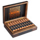 Rocky Patel Disciple Cigars, a wooden box containing neatly arranged cigars with black and gold bands, open to display the cigars inside.