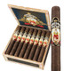 AJ Fernandez Empress Of Cuba Maduro Toro Cigars 16Ct. Box, open cigar box displaying the wrapped cigars with decorative bands, and one cigar placed outside the box.
