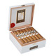 AJ Fernandez La Gran Llave Connecticut by AJ Fernandez Gordo Cigars 20Ct. Box, an image of a white wooden cigar box featuring 20 cigars lined up inside with white and gold labels, open to reveal the cigars and branded interior.