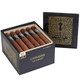 Alec Bradley Alec & Bradley Gatekeeper Gordo Cigars 24Ct. Box, open cigar box containing 24 cigars with decorative bands, and a matching black and gold decorative lid.