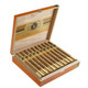 Victor Sinclair Primeros Cigars, image of a wooden box containing ten cigars with gold and brown bands, open to display the cigars inside.