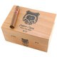 Asylum 13 Authentic Corojo Robusto Cigars 50Ct. Box, wooden cigar gift box with a single cigar resting on top of it, featuring a skull logo and branding.
