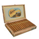 Sobremesa Brulee Cigars, open wooden cigar box with neatly arranged cigars inside.