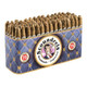 Scoundrels Cigars, display of numerous cigars arranged in a box with a blue and gold design, featuring a logo with a cartoon villain smoking a cigar.