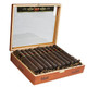 Bohemian Black Oscuro Big Sur Cigars 10Ct. Box, image of a wooden cigar box containing ten dark, wrapped cigars with colorful bands, open to display the cigars inside.